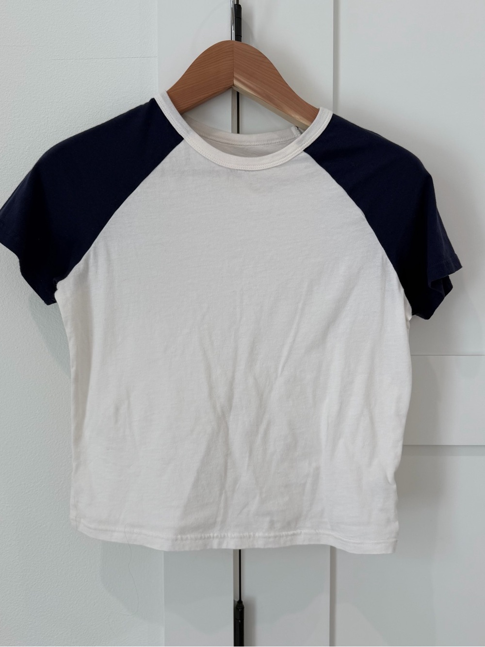 Dairy Boy Womens White Tee with Navy Raglan Sleeves
